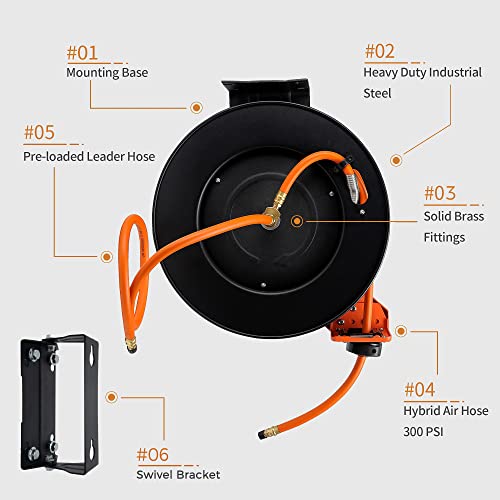 Giraffe Tools TA15 Retractable Air Hose Reel Swivel 3/8" x 50 ft Hybrid Hose, Max 300 PSI, Ceiling/Wall Mounted Heavy Duty Industrial Commercial Air Compressor Reel, 50ft, Tangelo