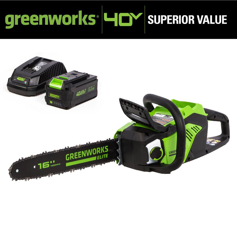 Greenworks 16 in. 40V Battery Cordless Brushless Chainsaw with 6.0 Ah Battery and Charger