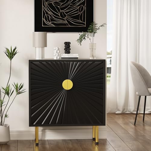 White Accent Storage Cabinet with Gold Handle Set 2- Decorative Flower Pattern Doors - Versatile Buffet Cabinet with Storage - Elegant Sideboard Cabinet - Perfect Credenza for Any Room