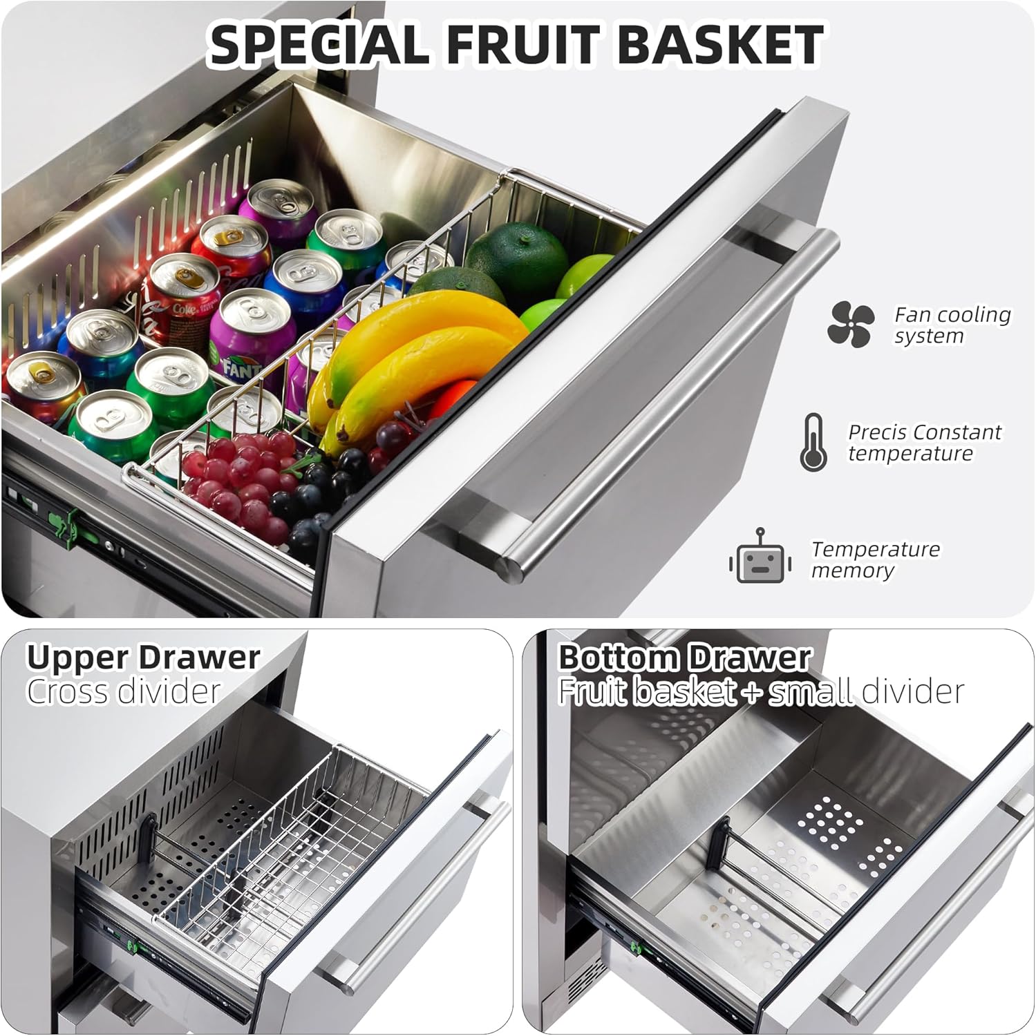 24 Inch Under Counter Drawer Fridge, Outdoor Undercounter Refrigerators for Patio with Weatherproof Full Stainless Steel Body, Built in Wine & Beverage Refrigerator for Home and Commercial