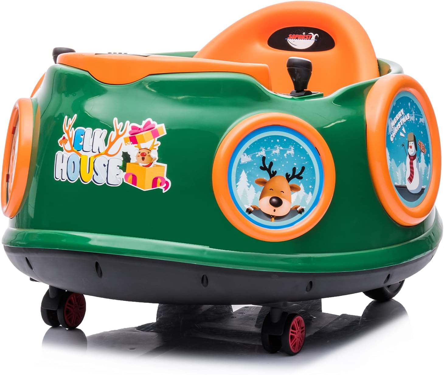 sopbost 6V Bumper Car for Kids, Electric Ride On Bumper Car with Remote Control, 360 Spin, Music & Story, Kids Bumper Car with Small Dinner Table, Baby Bumper Car (Elk, Blue)