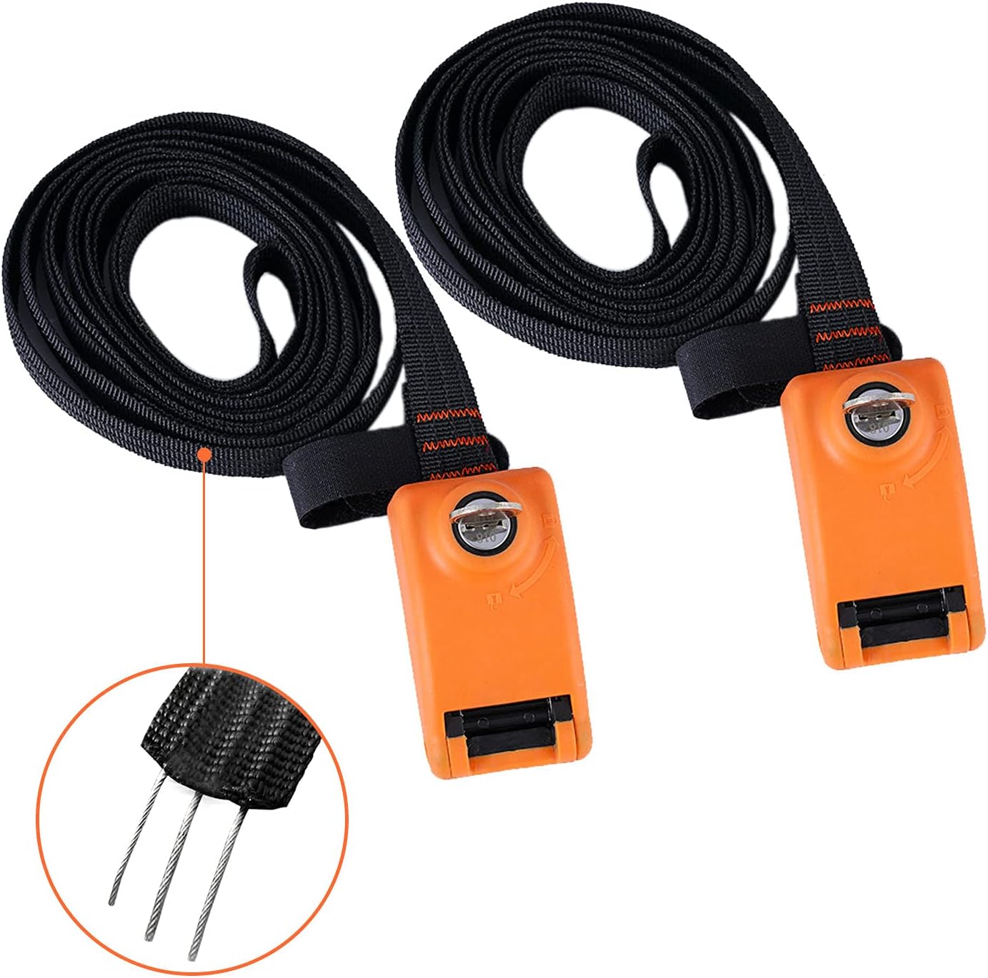 Kingdely 15ft Lockable Tie Down Strap, Locking Tie Down Straps with 3 Stainless Steel Cables 'No Scratch' Silicone Buckle to Prevent Anyone from Taking Your ISUP, Paddle Boards, 2 Pack (Orange)