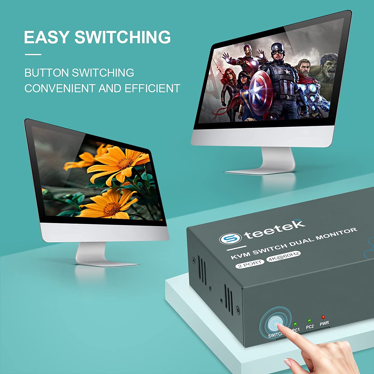 KVM Switch HDMI Dual Monitor Extend Display, UHD4K@60Hz, YUV 4:4:4, 2 Computers Share 2 Monitors and one set Keyboard Mouse, 4 USB 2.0 ports, HDCP2.2, one Button Switch with 4 HDMI and 2 USB Cables