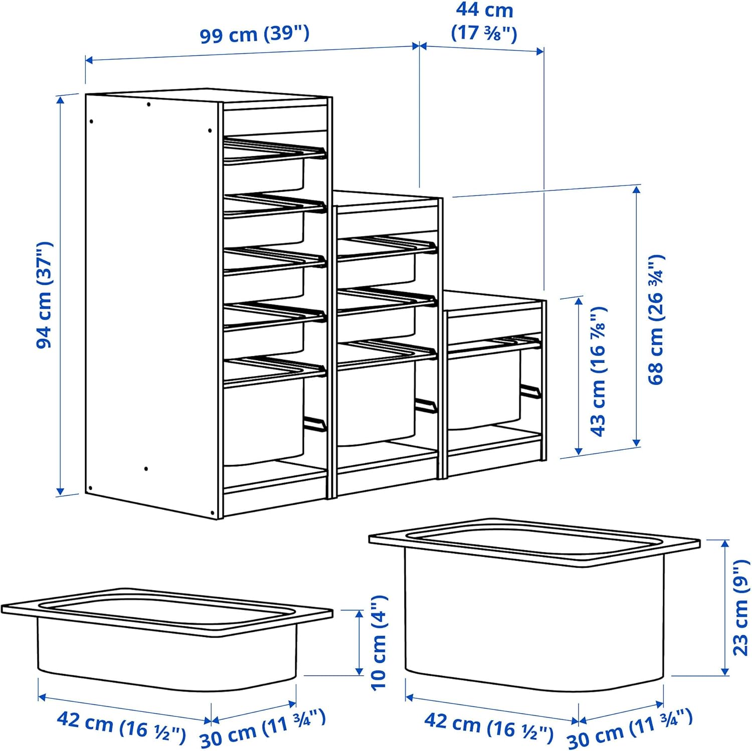 Ikea TROFAST storage combination with boxes, 99x44x94 cm, white/white