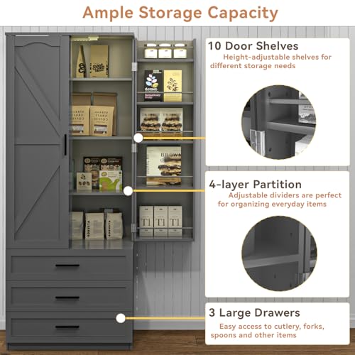 72" LED Kitchen Pantry Cabinet with 3 Drawers Farmhouse Tall Storage Cabinet Wood Food Pantry with Barn Doors and Adjustable Shelves Versatile Storage Freestanding Cupboard for Kitchen