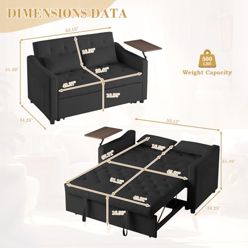 3 in 1 Convertible Sleeper Sofa Couch with Pull Out Bed,53" Velvet Futon Tufted Loveseat with Table&Reclining Back,Comfy 2 Seater Lounge Sofa for RV,Living Room,Bedroom,Small Space(Grey)