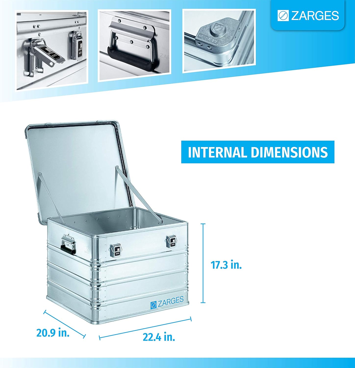 Zarges?K470 Aluminum Hard Protective Carrying Case, Portable Stackable Storage, Customizable Safe Lock Box, Dust and Water Resistant (44.1 x 28.3 x 18.9 Inches)