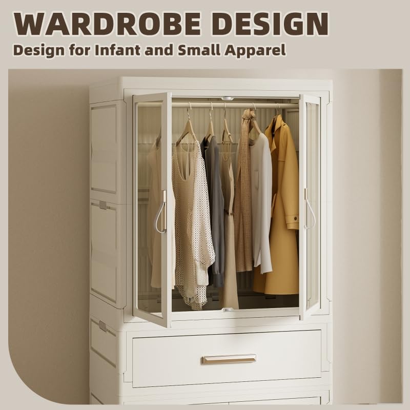 Portable Closet Wardrobe for Hanging Small Clothes, Folding Stackable Storage Bins with Lid, Folding Storage Box, 1 Hanging Area, 1 Drawer, 1 Storage Area（25Wx16.5Dx49.4H）