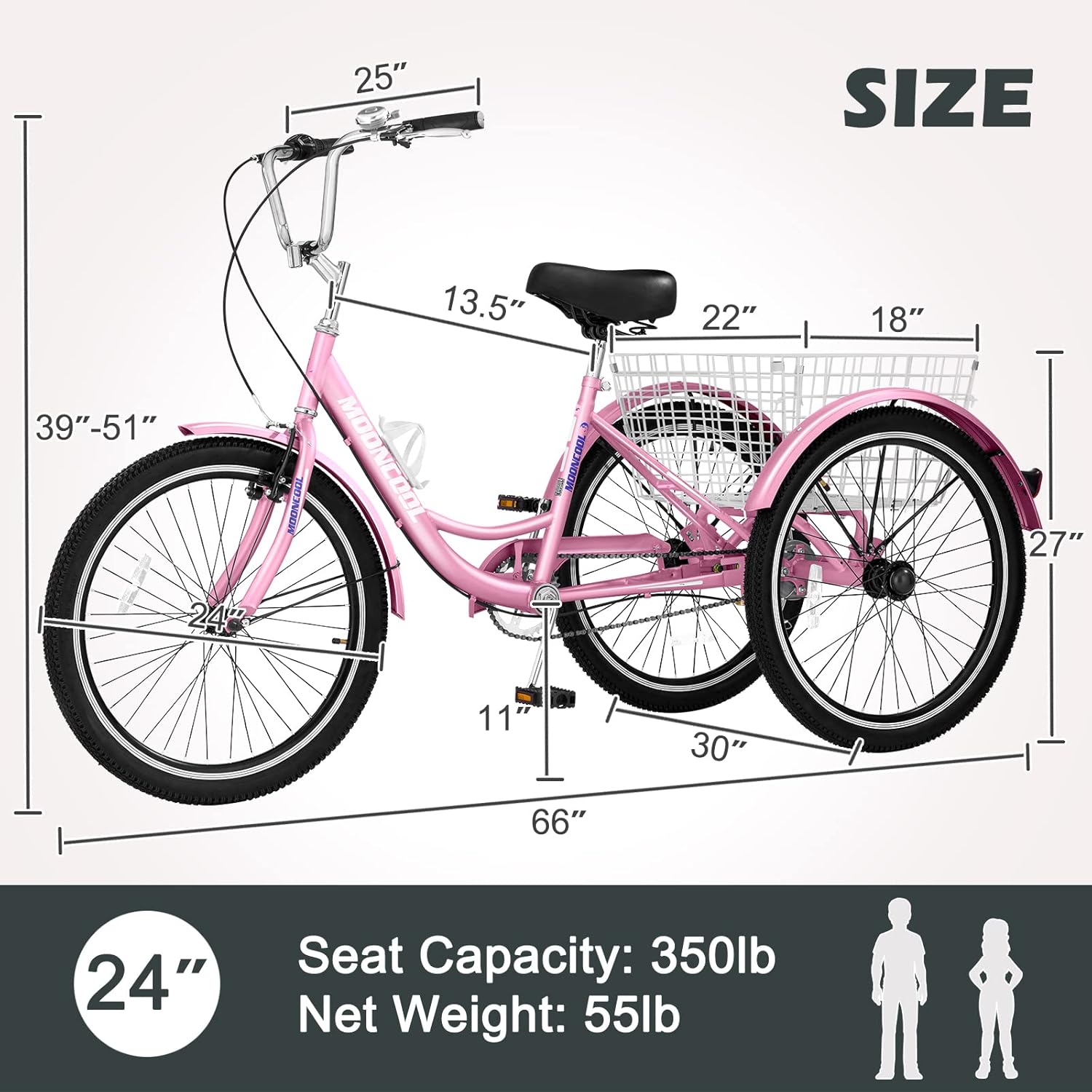24 Inch Adult Tricycles, Single Speed Adult Trikes 3 Wheel Bikes, Three-Wheeled Bicycles Cargo Cruise Trike with Shopping Basket for Recreation Shopping