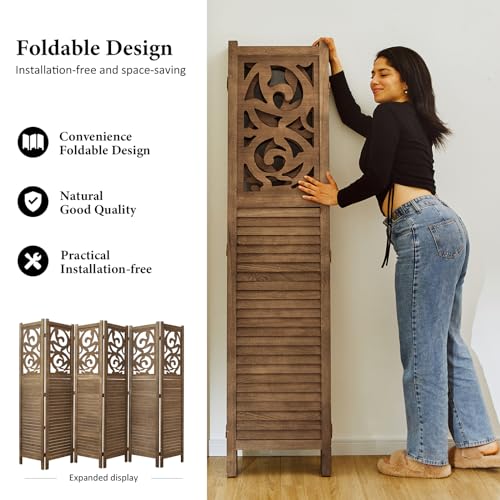 Room Divider Wood Carved Wall Divider Indoor Folding Portable Partition Screen for Home Office Garden Terrace - 6 Panel, 67 * 90inch (Dark Brown)