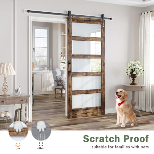 36x84 Inch Glass Sliding Barn Door Slab and 6.6ft Hardware Kit Included, 5 Frosted Glass, LVL Wood Panel Covered with White Water-Proof Scratch-Proof PVC Surface, Simple DIY Assembly