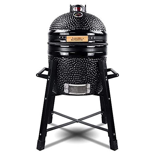 Ceramic Kamado Charcoal BBQ Grill and Smoker, Stainless Steel Grates -15" Ceramic with Tall Stand (BLACK)