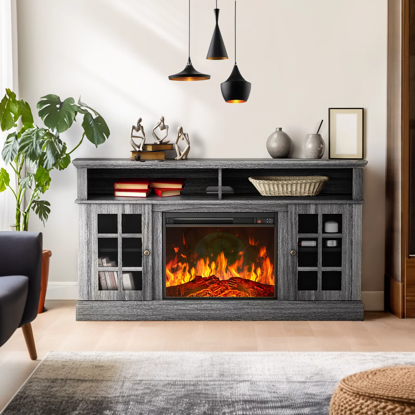 Electric Fireplace TV Stand with 23″ Fireplace for up to 65 Inch TVs, Fireplace TV Console Entertainment Center with Adjustable Shelves, Holds up to 200 lbs