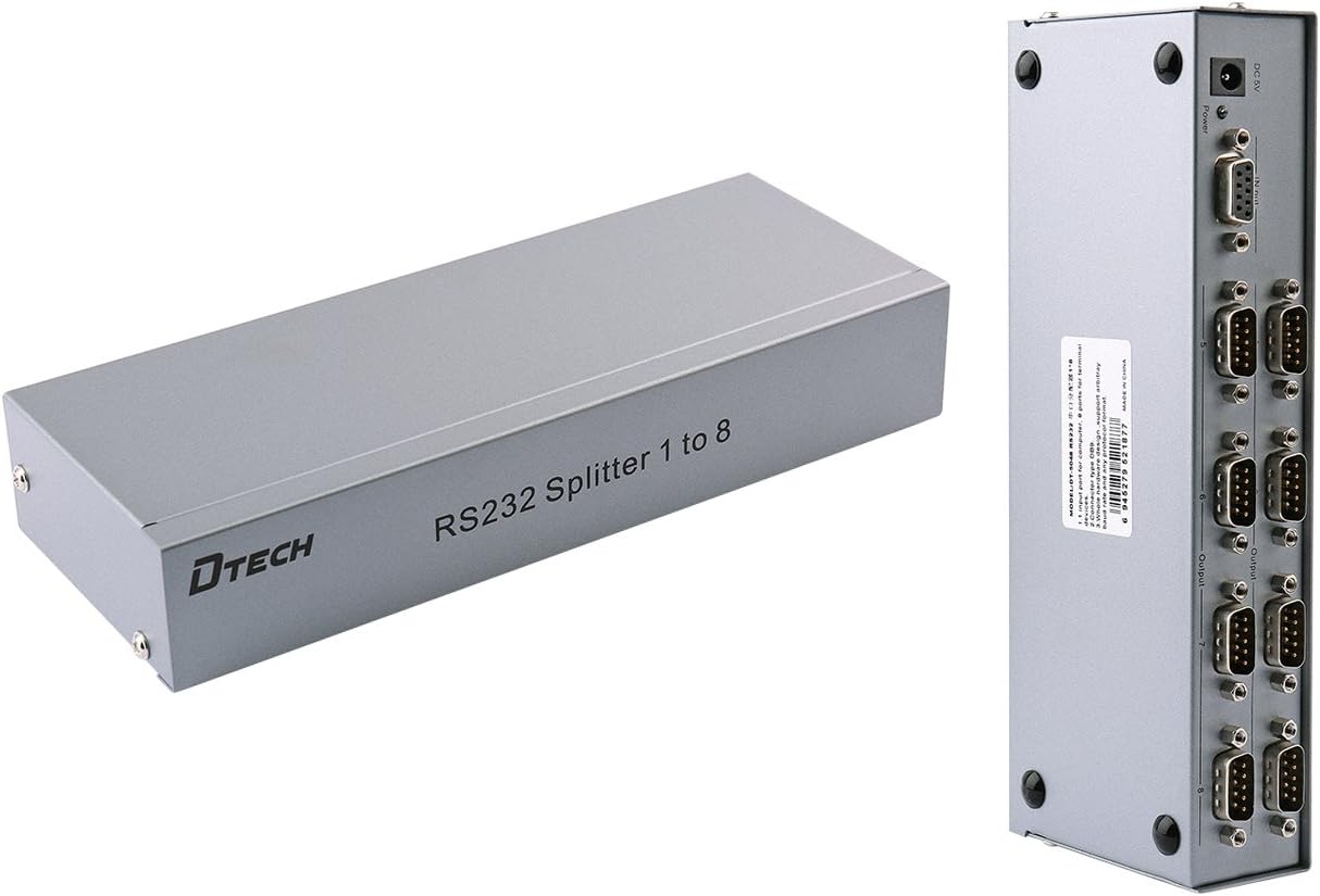 DTECH Industrial 8 Port RS232 Serial Splitter Switch Box with Power Adapter for Sharing PCs and Capture Data - COM Port Expander 1x8