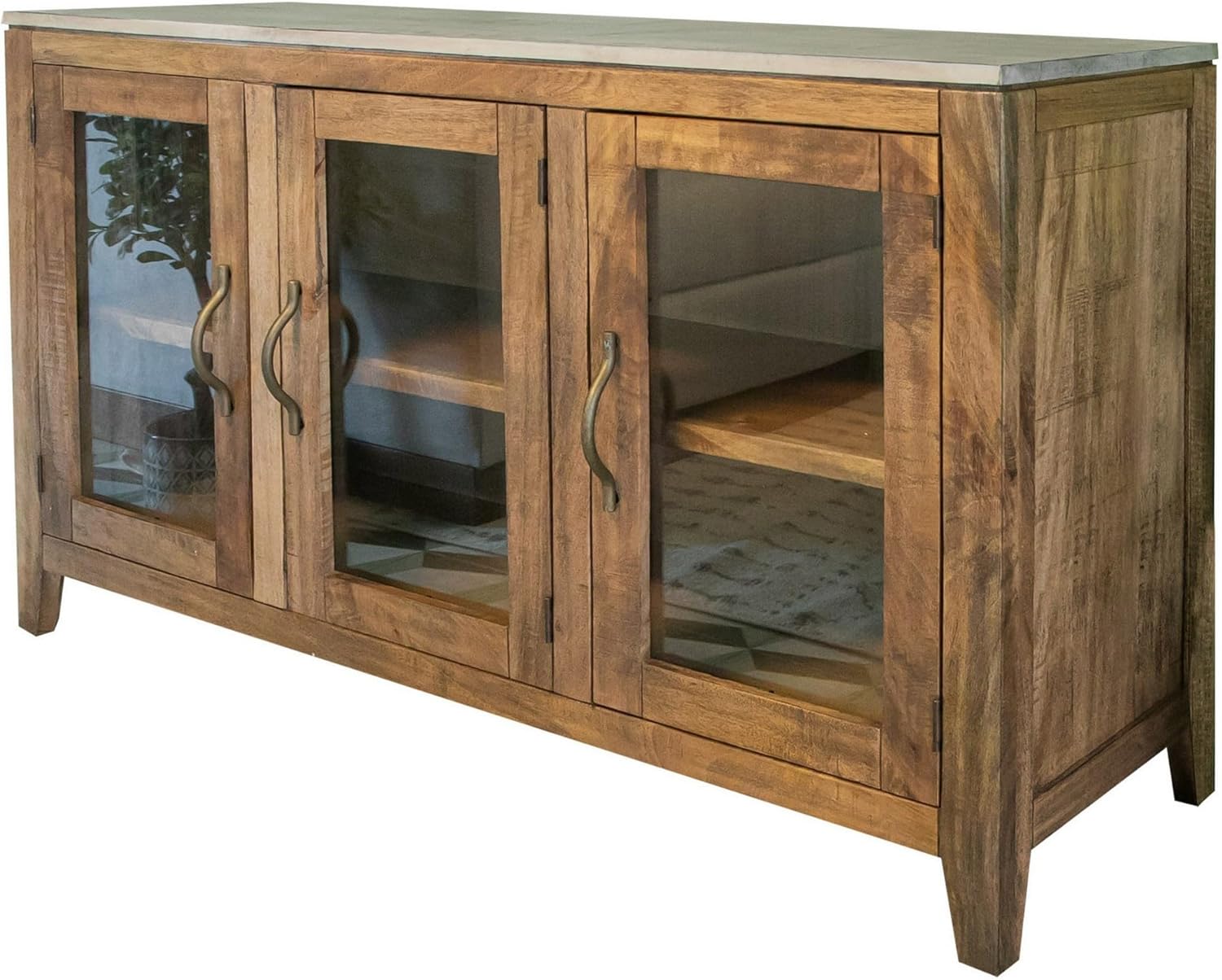 Benjara Asic 57 Inch Sideboard Console Cabinet, Glass Doors, Rustic Brown, Shelf