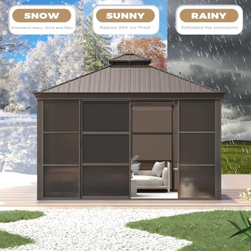 EROMMY 12' x 15' Sunroom, Solarium Gazebo with Aluminum Frame and Polycarbonate Roof, Outdoor Permanent Sun Room with Moveable PVC Screen and Sliding Door for Garden, Patio, Deck, Lawns