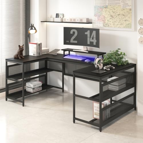 U Shaped Desk with Shelve & LED Lights, 82" Reversible L Shaped Desk with Drawers, 2 Person Corner Computer Desk Home Office Desk Gaming Table with Monitor Stand & Storage Shelves (Black + MDF)