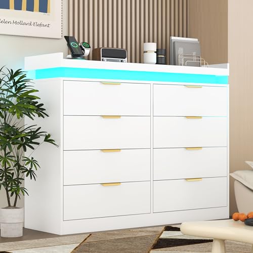 White Dresser with LED Lights, Wooden LED Dresser, 4 Drawer Chest with Charging Station, Tall Chest of Drawer Closet Organizer for Bedroom, Living Room, Entryway, Hallway