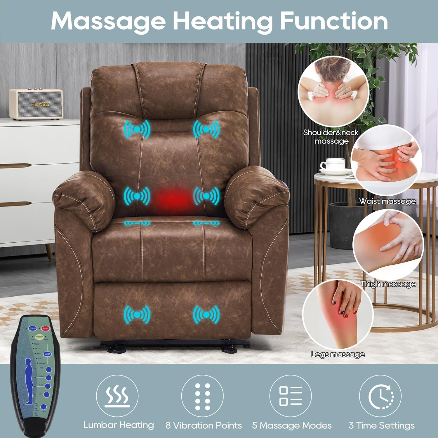 Electric Recliner with Heat & Massage, Leather Recliner Chair with Extended Footrest, Wall Hugger Recliners, Power Recliner Chair with 2 Side Pockets & USB Ports for Living Room & Bedroom