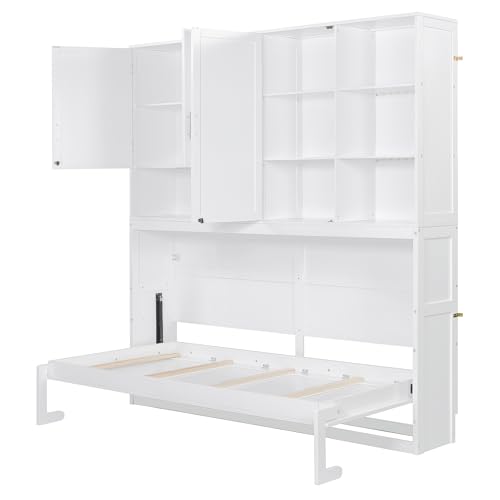 SOFTSEA Twin Murphy Bed with Storage Bookcase and Shelves, Horizontal Wall Bed with LED Light & Charging Stations, Space-Saving for Living Room, Guest Room, Bedroom, Office, Grey