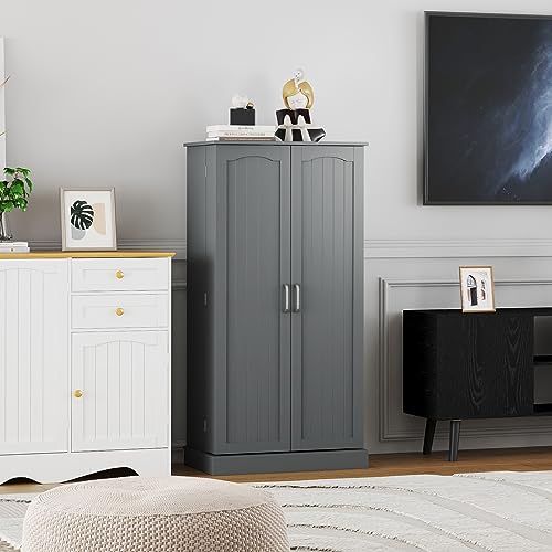 Yusong 72'' Tall Kitchen Pantry Cabinet, Farmhouse Storage Cabinet with 4 Doors, Drawer and Adjustable Shelf, Freestanding Wooden Cupboard Buffet for Dining Room Living Room, White