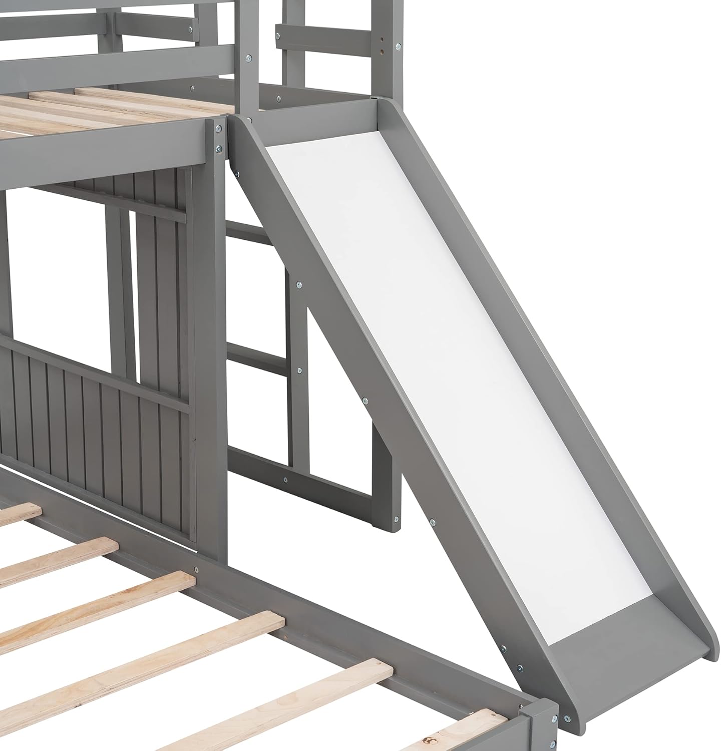 Twin Over Full Bunk Bed, Wood House BunkBed Frame with Ladder, Slide and Guardrails for Kids Teens, No Box Spring Needed, Space-Saving Design, Gray