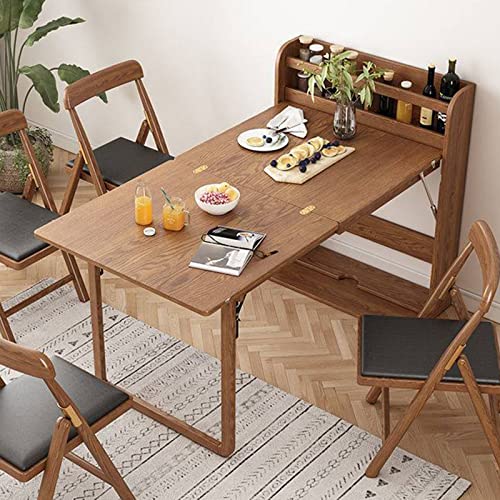 Wall Mounted Dining Table with Storage Shelf & Fold Out Desk for Small Apartment - Space Saving Wooden Extendable Table for Dining Room & Kitchen