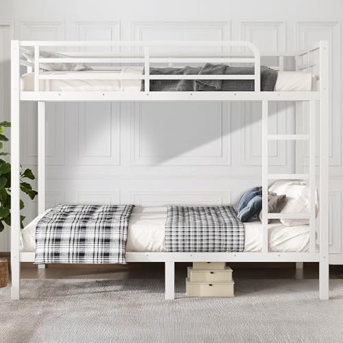 Twin XL Over Twin XL Bunk Bed, Metal Bunk Bed Frame Heavy Duty Bunk Beds Loft Bed Frame with Ladder and Guardrail Metal Slats No Box Spring Required for Adults Teens, Black