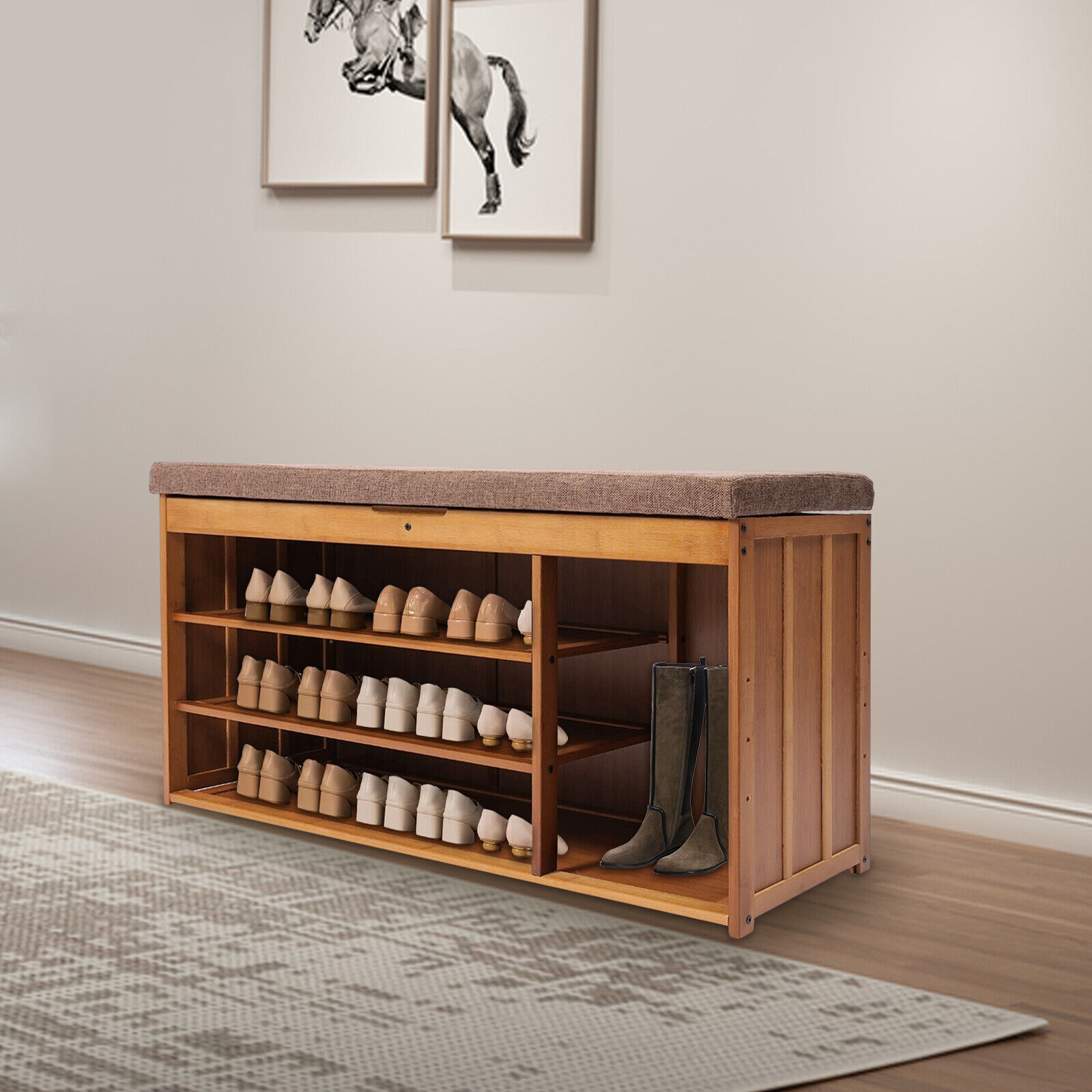 3 Tier Brown Shoe Bench Bamboo Shoe Rack Storage Cabinet Organizer W/Cushion for Entryway Bedroom