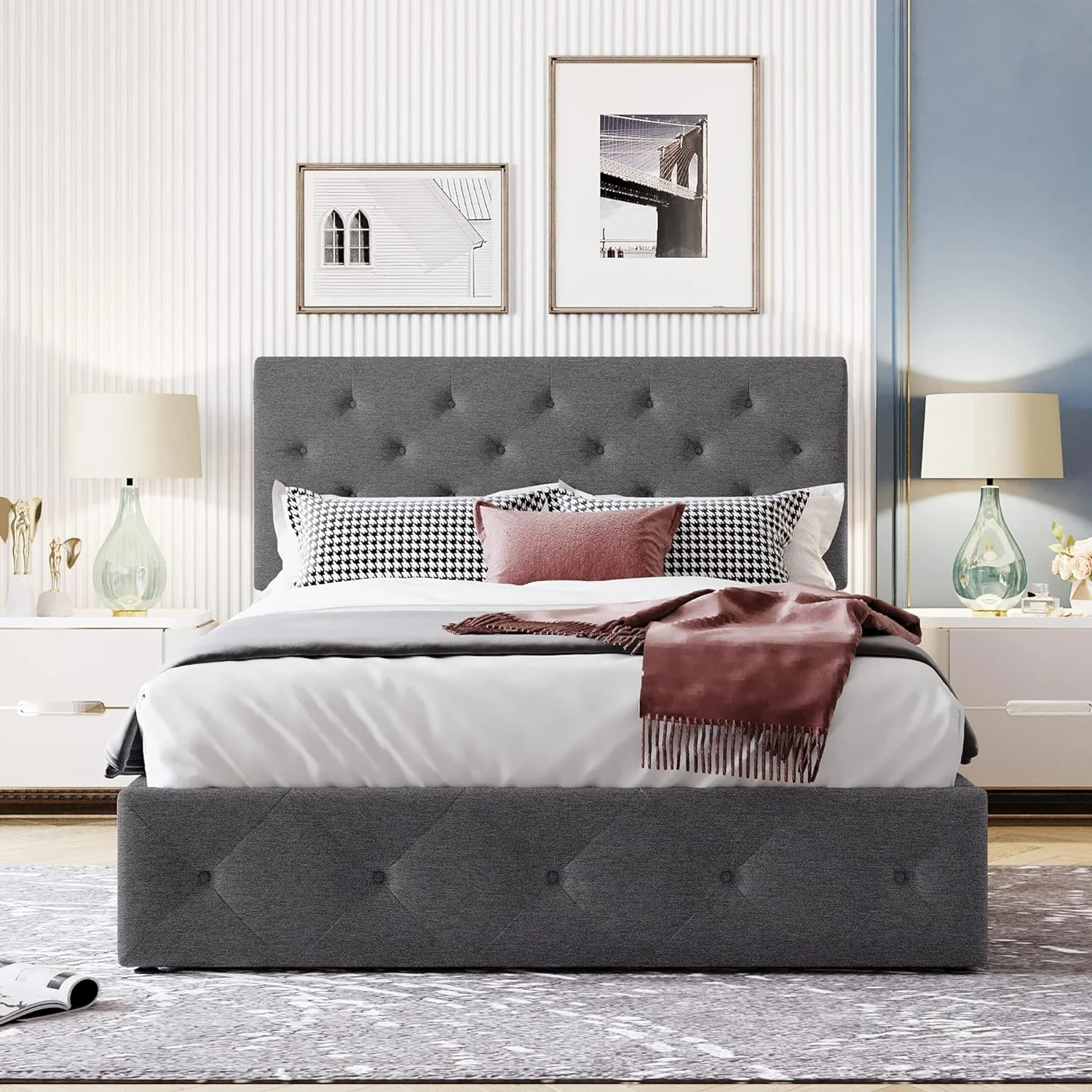 Full Size Upholstered Platform Bed With Storage Underneath, Full Bed Frame With Gas Lift Up Storage, Lift Storage Bed, Grey