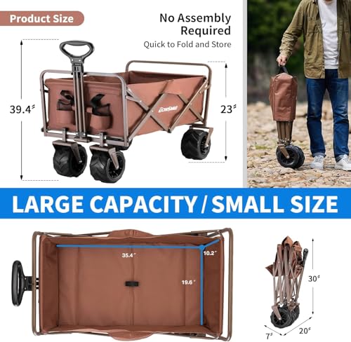 kejector Collapsible Wagon Cart - Heavy Duty Foldable 360-Degree Swivel Wheels Beach Wagon with Side Pockets, Adjustable Handle, Utility 140l Capacity Portable Cart for Camping, Sports, Black