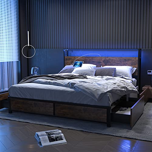 Gitua Full Size Bed Frame with Storage Drawers - Led Lights and Charging Station Metal Bed Frame with Headboard, No Box Spring Platform Bed Frame Wood, Rustic Brown