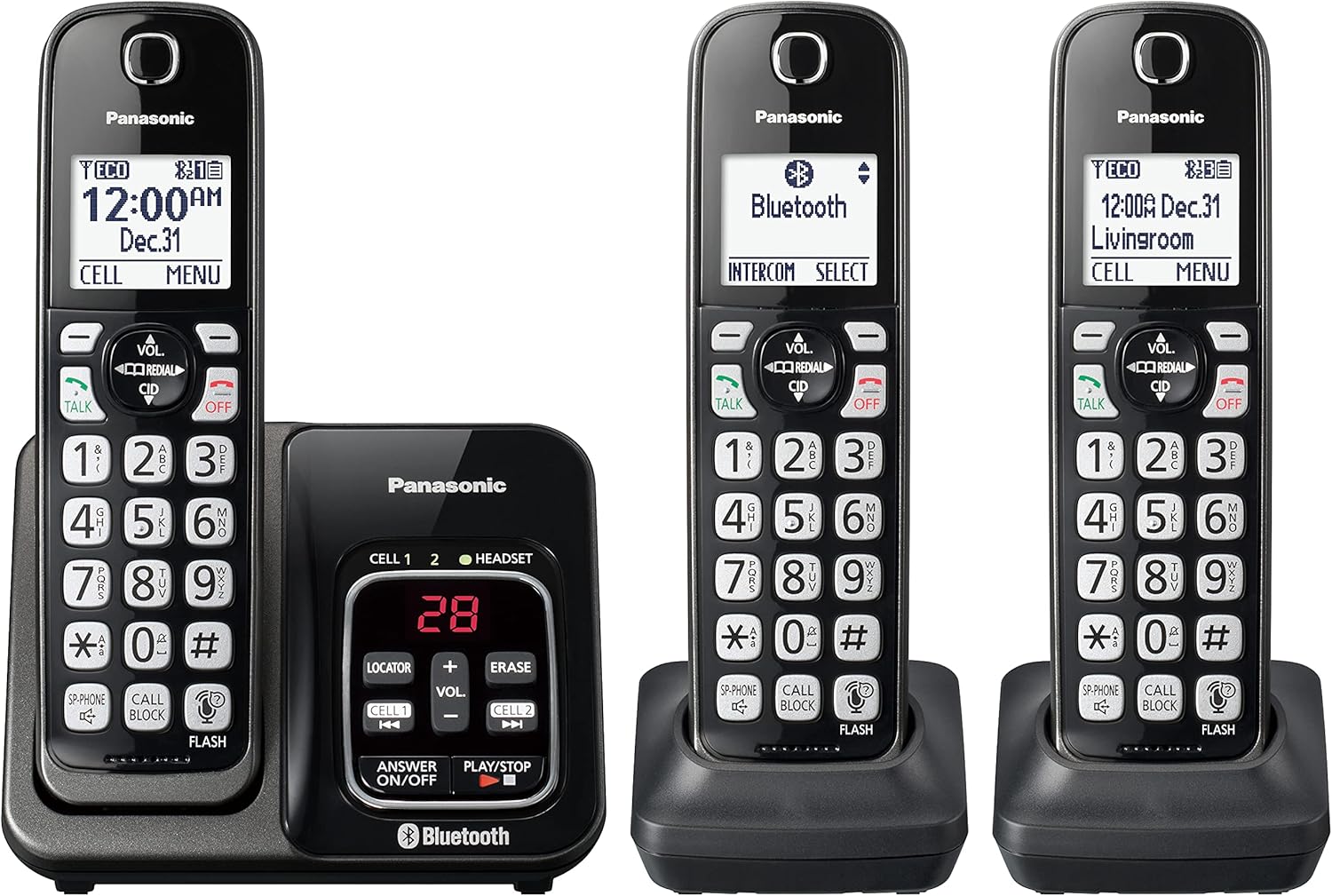 Panasonic Expandable Cordless Phone System with Link2Cell Bluetooth, Voice Assistant, Answering Machine and Call Blocking - 3 Cordless Handsets - KX-TGD663M (Metallic Black)