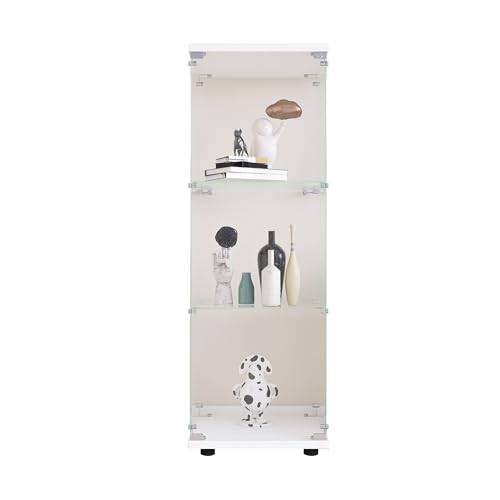 Glass Display Cabinet with 3 Shelves, One-Door Curio Cabinets for Living Room, Bedroom, Office, White Floor Standing Glass Bookshelf, Quick Installation