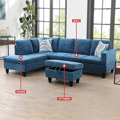 Couch, Sofa, Sectional Sofa, 3-Piece 4 Seat L Shaped Couch with Chaise and Storage Ottoman, Modern Fabric Couches for Living Room, Apartment, Office F09915A (Red)