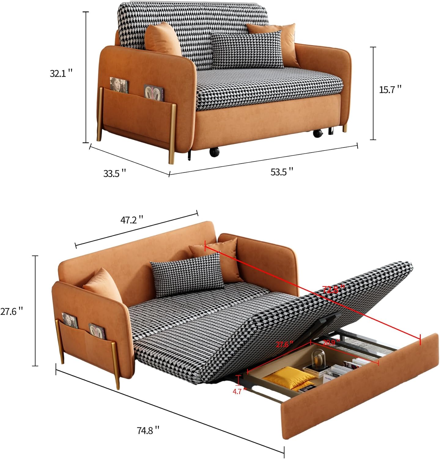 53.5" Full Sleeper Sofa Orange Upholstered Convertible Sofa Bed 3 in 1 Sleeper Sofa Couch Bed, Small Tufted Velvet Convertible Loveseat Futon Sofa w/Pullout Bed, Multi-Pockets for Living Room
