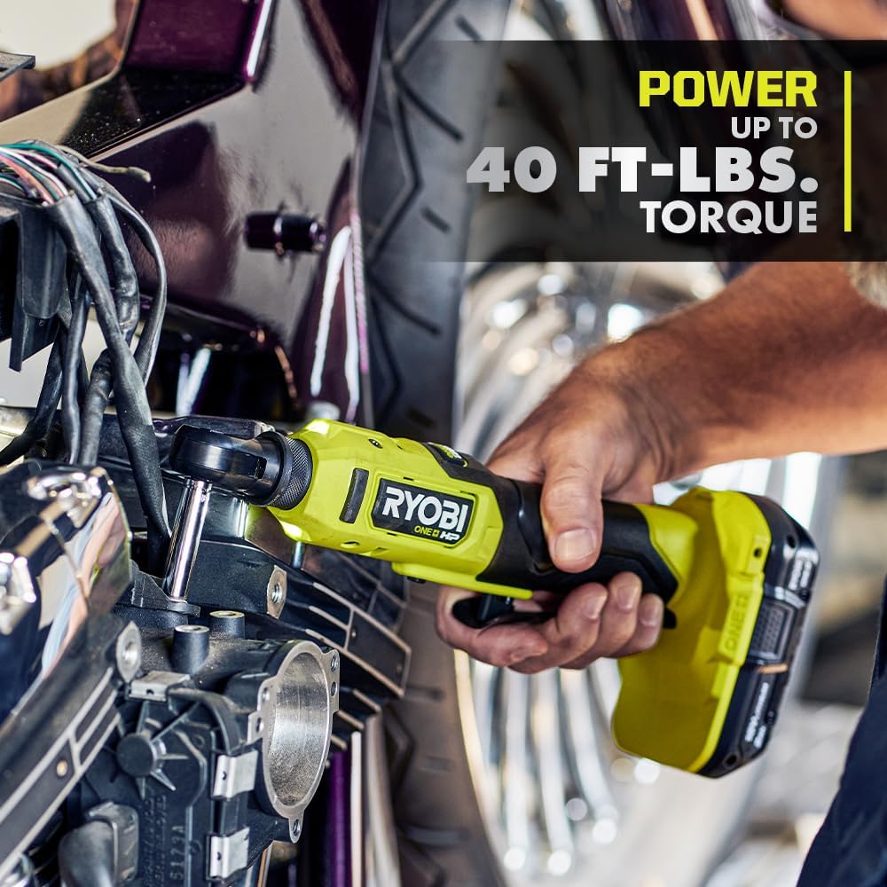 Ryobi One+ HP 18V 1/4" Brushless Cordless Compact Electric Ratchet Kit with 2.0Ah Lithium Battery and Charger, 4-Position Rotating Head, and Up to 460 RPM