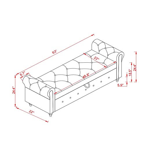 63" Long Storage Bench, Button Tufted Bed End Storage Bench with Rolled Arm and Solid Wood Legs, Upholstered Storage Ottoman Footrest for Bedroom Entryway Living Room, Space Saving, Blue