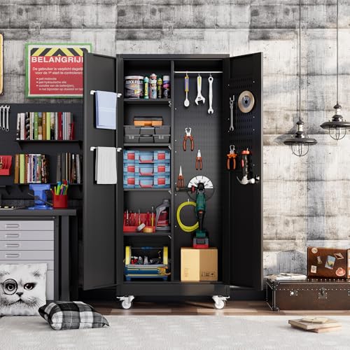 73" H Metal Storage Cabinet with Wheels, Garage Storage Cabinet with 4 Adjustable Shelves and Lockable Doors for Garage Home Office Utility Room,Required Assembly,Black