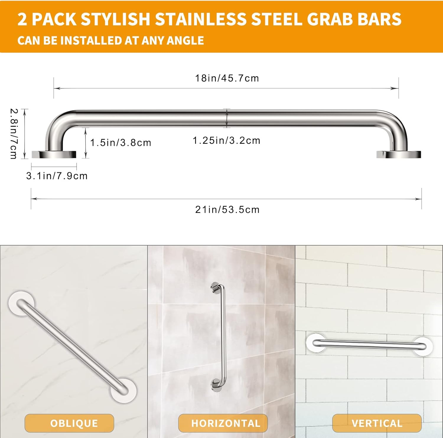 18 Shower Grab Bar, 2 Pack Brushed Nickel SUS304 Safety Bathroom Grab Bars with Concealed Screws, 500lbs Support Assist Bath Handle Balance Bar for Handicap Elderly Pregnant Pack of 2
