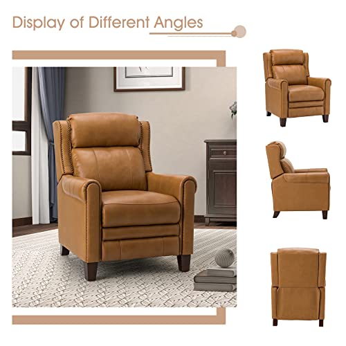 HULALA HOME Genuine Leather Recliner with Nailhead Trim, Manual Push Back Reclining Chair with Adjustable Backrest & Footrest, Headrest & Lumbar Support, for Living Room Bedroom, Black