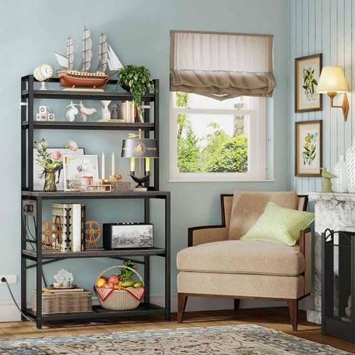 Denkee 39.4 Inch Wide Large Bakers Rack with 3 Power Outlets, 5-Tier Microwave Stand with Storage, Freestanding Kitchen Stand, Coffee Bar Stand（Black）