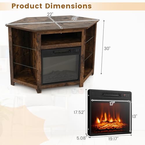 Fireplace Corner TV Stand, Entertainment Center for 50 Inch TV w/LED Lights Adjustable Shelves Overheat Protection Remote/APP Control, TV Console w/Built-in Electric Fireplace (Rustic Brown)