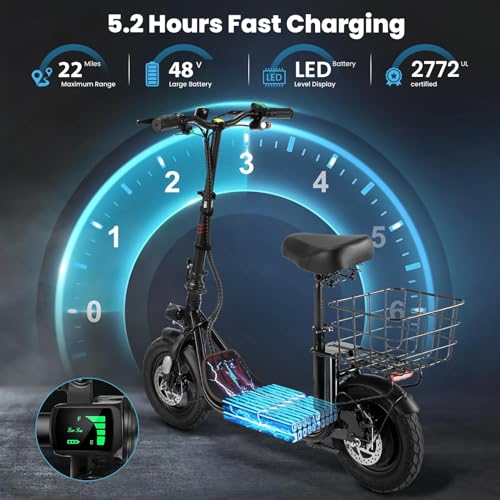 Caroma Peak 800W/1200W Electric Scooter Adults, 30 Miles Max Range, Foldable Electric Scooter with Seat, Front Suspension, Detachable Large Basket,Commuter E-Scooter for Adult and Teens