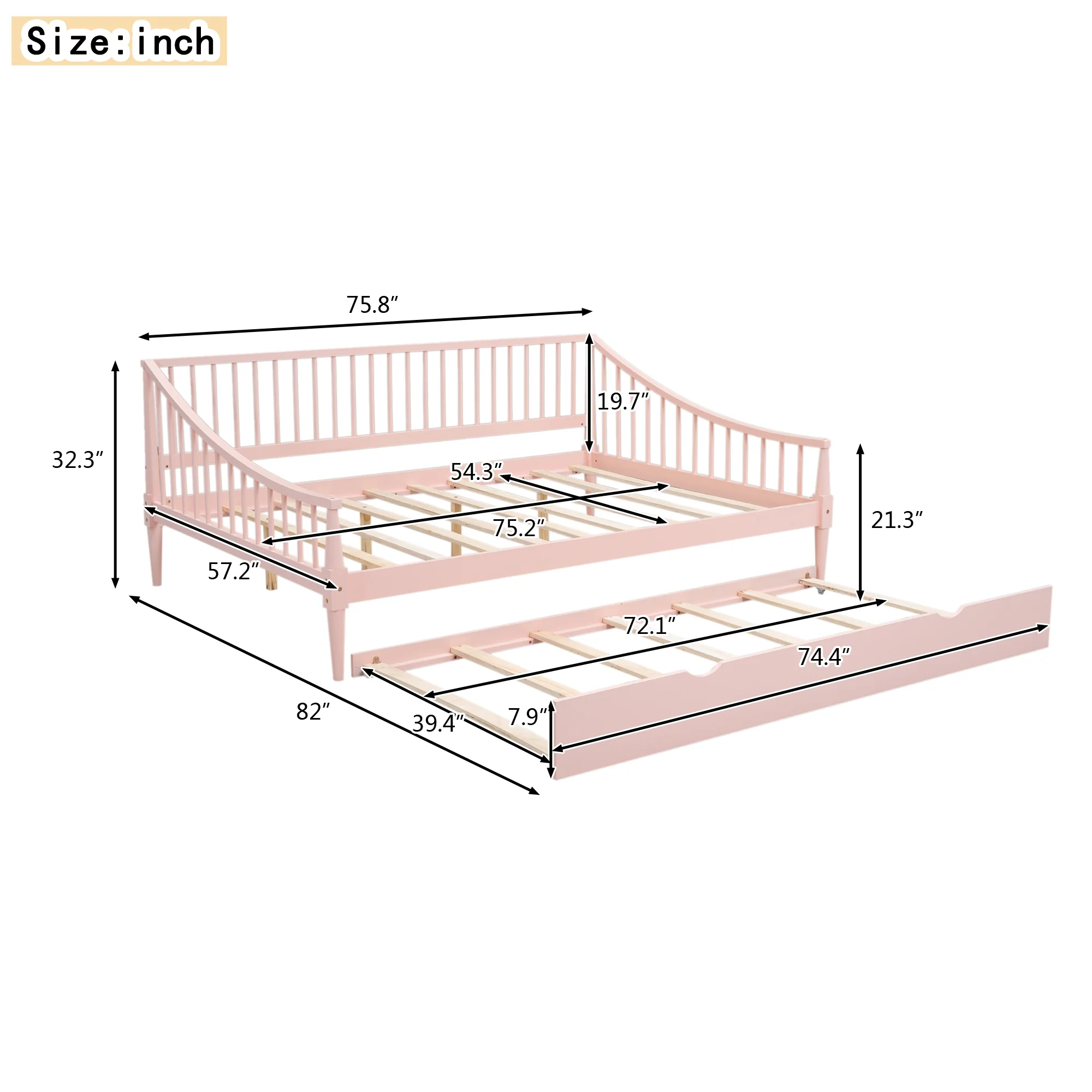 EUROCO Wood Full Size Daybed with Twin Trundle Bed for Kids Teens Adults, Solid Wood Bed Frame with Support Legs, Pink