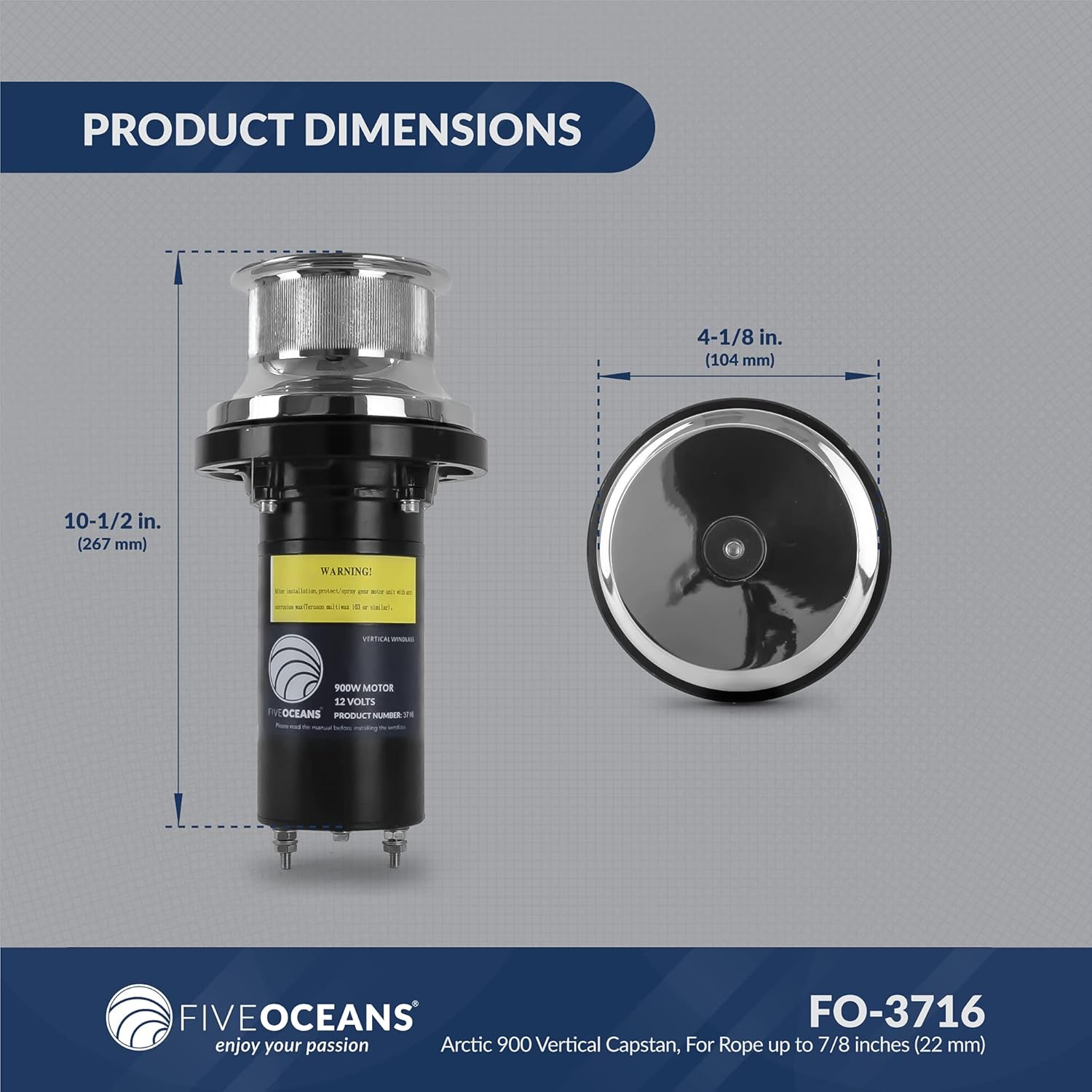 Five Oceans Arctic Capstan 900 Watts Powerful Vertical Mounted Winch AISI316 Stainless Steel, Marine Grade Aluminunm Base Plate, Easy Installation 12 Volts, Ideal for Mid Size Boats Mooring FO-3716