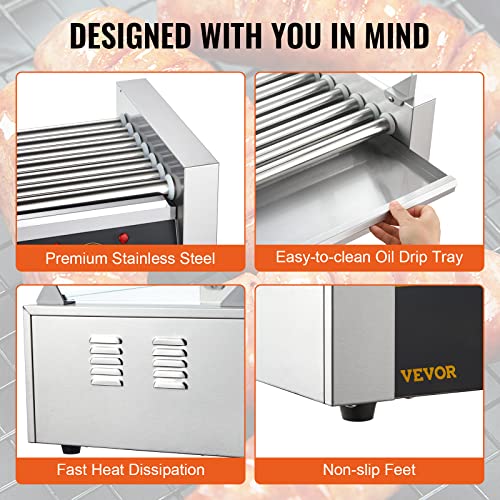 VEVOR Hot Dog Roller, 12 Hot Dog Capacity 5 Rollers, 750W Stainless Steel Cook Warmer Machine with Dual Temp Control, LED Light and Detachable Drip Tray, Sausage Grill Cooker for Kitchen Restaurant