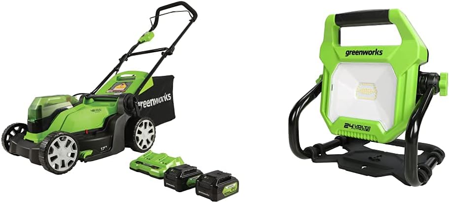 Greenworks 2X 24V 17-Inch Cordless Push Lawn Mower and 24V LED Work Light Combo Kit, 2x4Ah USB Batteries and Charger Included