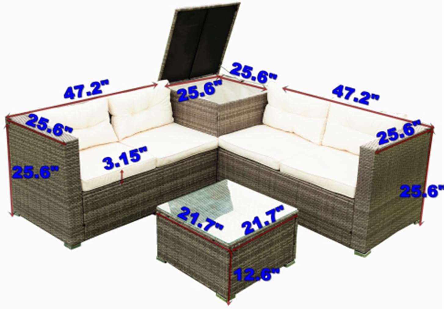4 Piece Patio Sectional Wicker Rattan Outdoor Furniture Sofa Set with Storage Box - Grey Wicker Creme Cushion