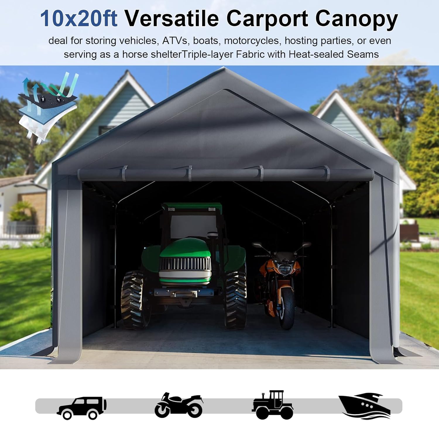 Outdoor Carport 10x20ft Heavy Duty Car Tent, Portable Garage Canopy Storage Shed, Car Shelter with Detachable Side Walls&Doors, All-Season Tarp for Car and Boat D Grey
